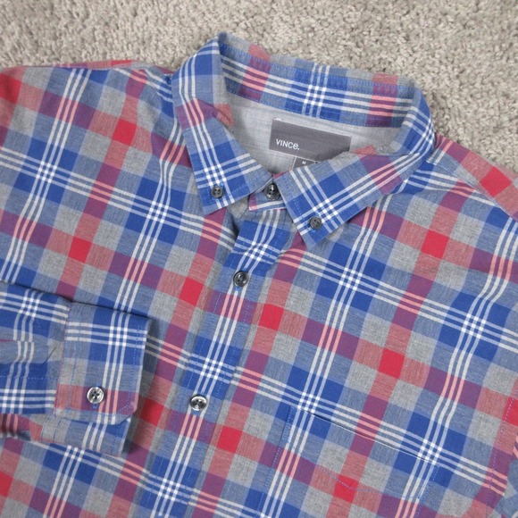 Vince Shirt Mens Medium Blue Red Gray Plaid Cotton Causal Button Up EUC - Picture 2 of 7